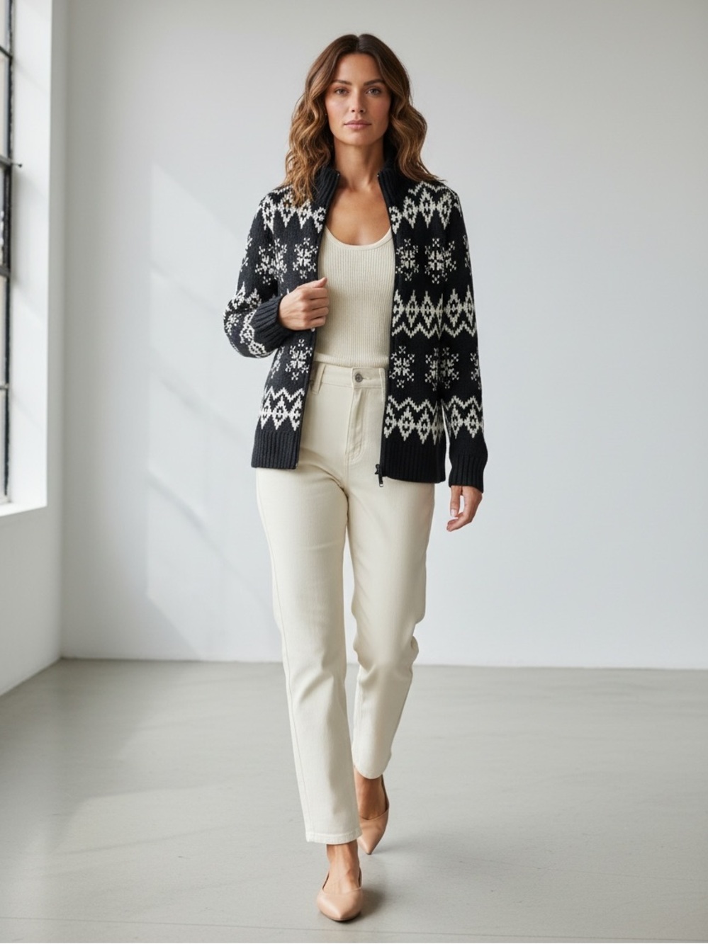 New York & Co Cardigan Ramie  Cotton Knit Zip Front Sweater Black Beige Medium